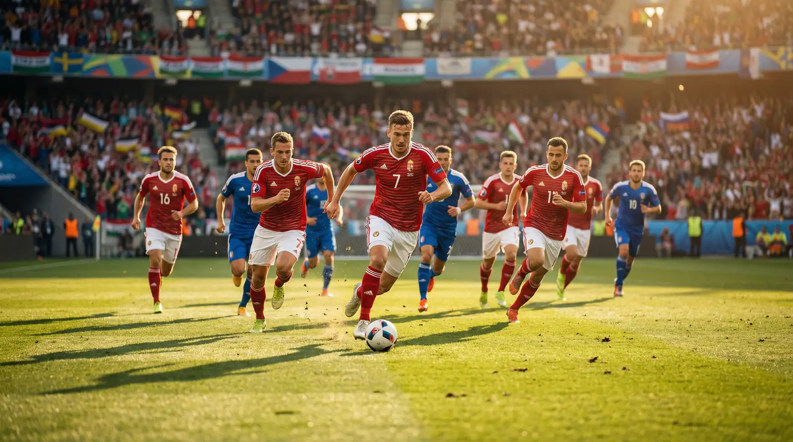 Az osztrák labdarúgó-válogatott játékosai piros-fehér mezben a pályán, háttérben a szurkolók