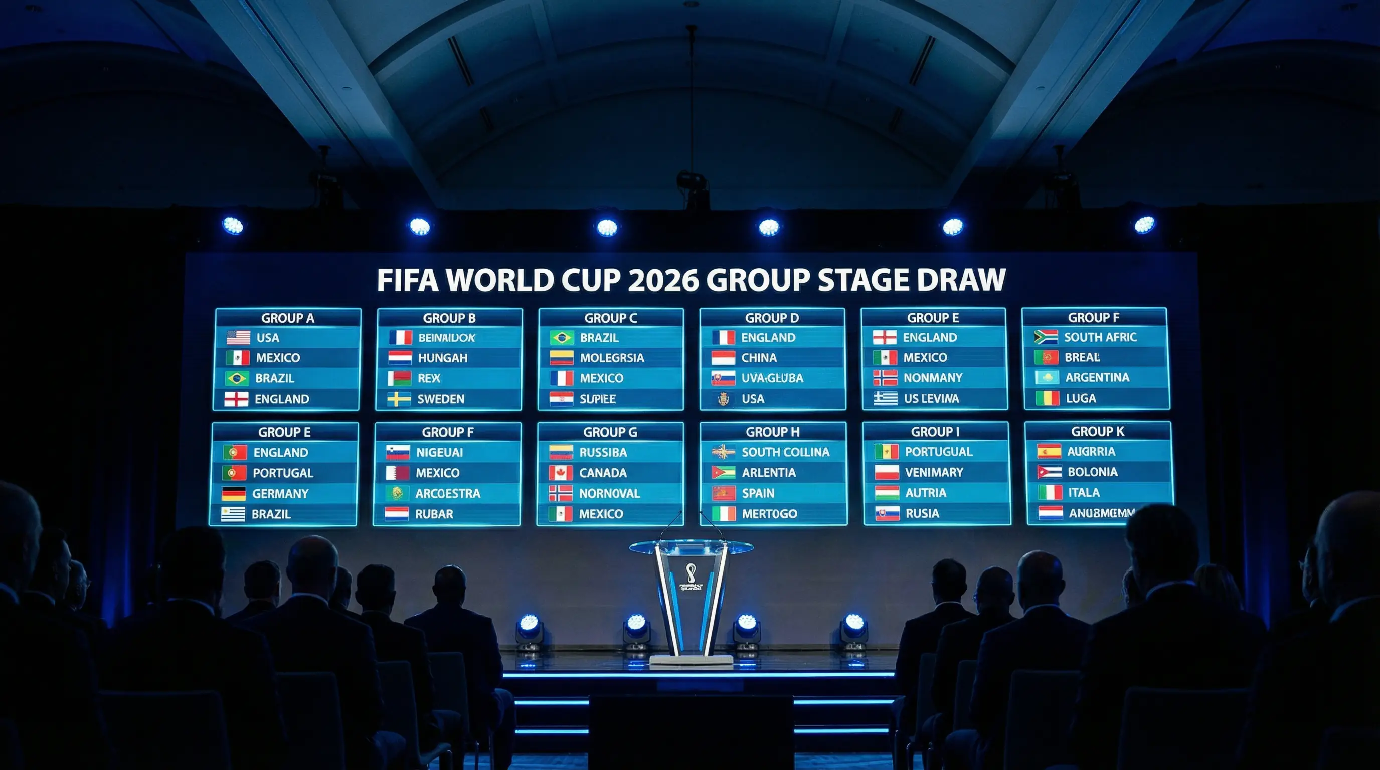 Világbajnoki csoportsorsolás pillanata, nemzeti csapatok címerei egy nagy kijelzőn a színpadon