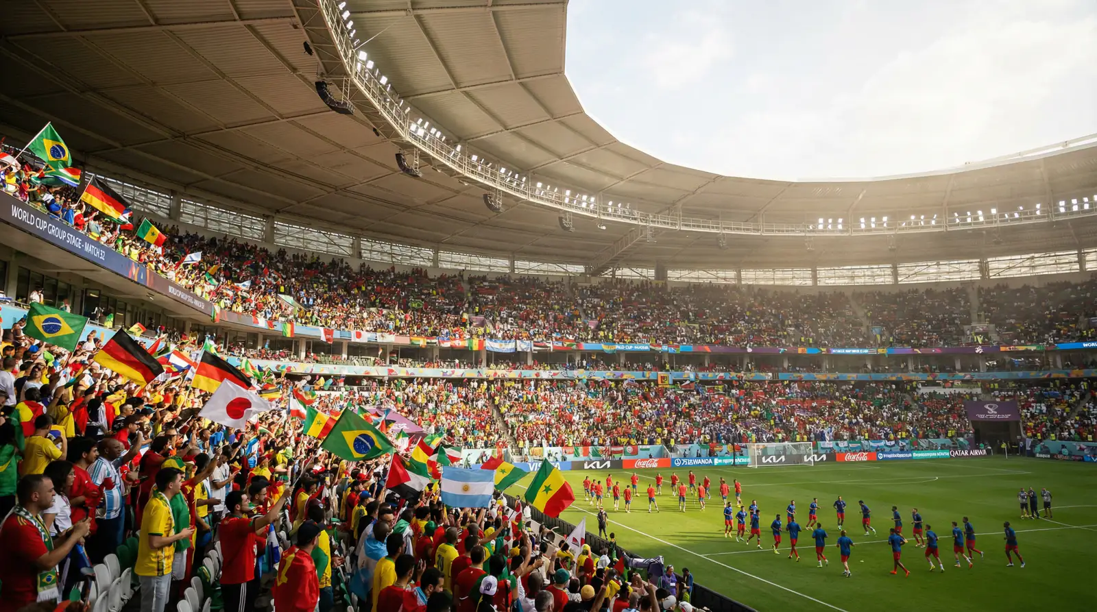 A VB 2026 új, 48 csapatos formátumának bemutatása egy zsúfolt stadionban, ahol a csapatok zászlói lengnek a lelátón