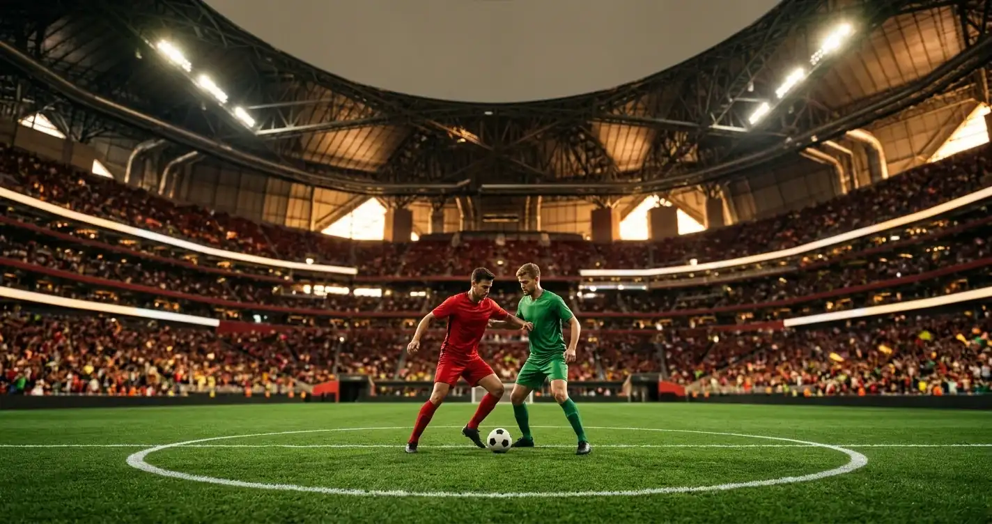 Piros mezes és zöld mezes játékos szemtől szemben egy zárható tetős houstoni stadionban, adatvezérelt sportszerkesztőségi stílusban