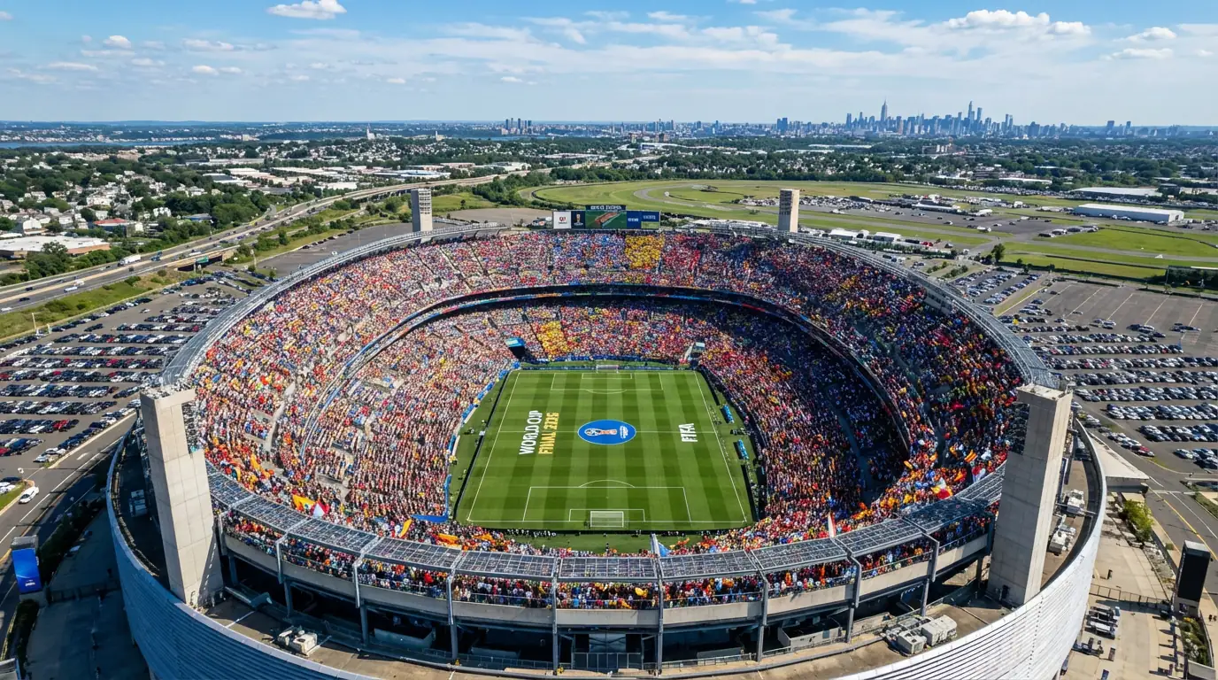 A MetLife Stadium madártávlatból, zöld gyeppel és telt házas lelátóval a VB 2026 döntőjének helyszíne