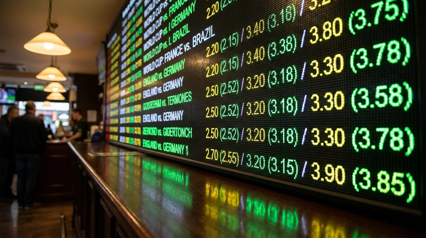 Sportfogadási iroda kijelzője világbajnoki mérkőzések odds-táblázatával, zöld és piros számokkal