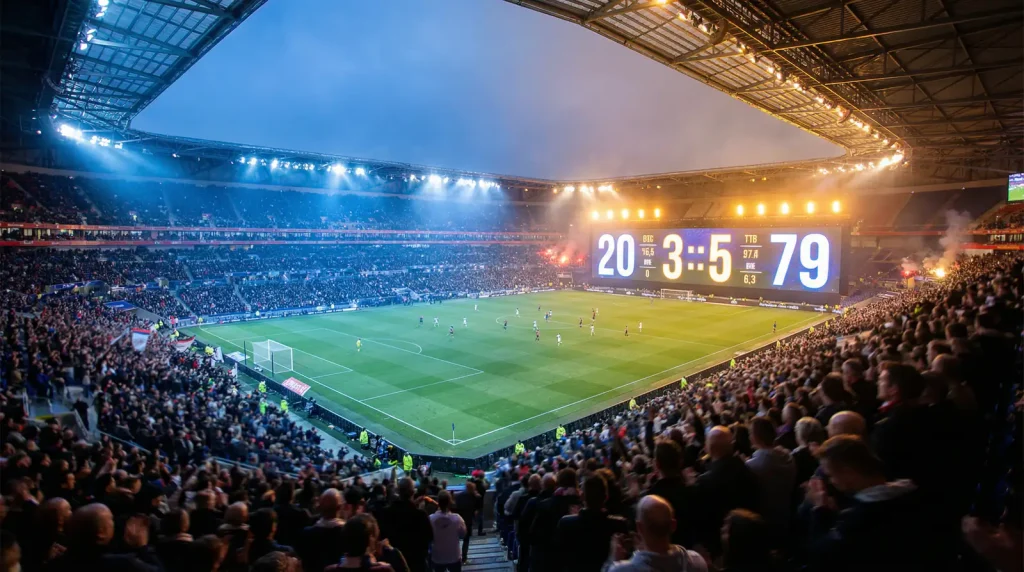 Élő fogadás a VB 2026-on valós idejű odds kijelzővel egy futballstadion lelátóján