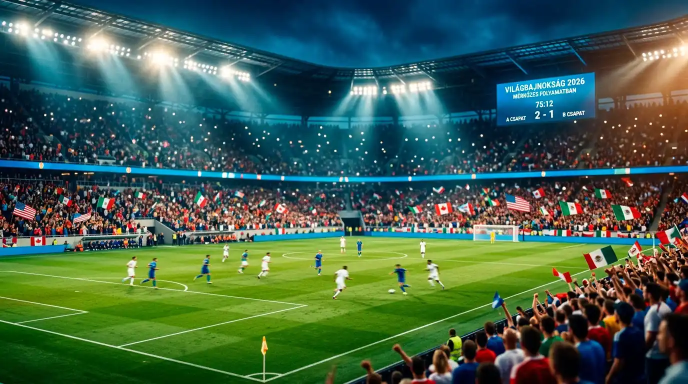 Éjszakai világbajnoki stadion tömött lelátókkal, a pálya felett fénycsóvák, elmosódott mozgásban lévő játékosok