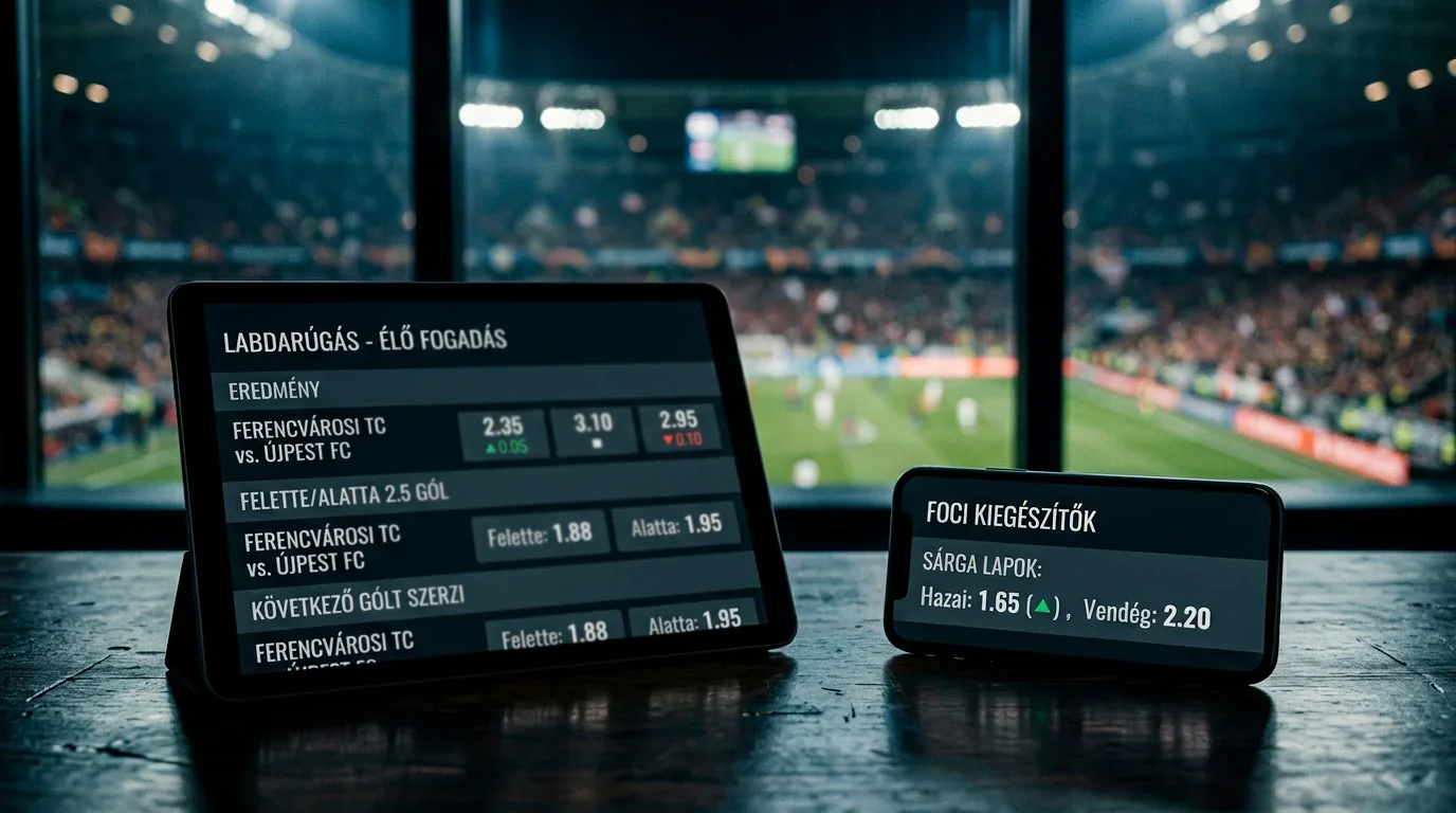 Közelkép egy fogadási felület képernyőjéről, decimális oddsok sorakoznak, háttérben stadion