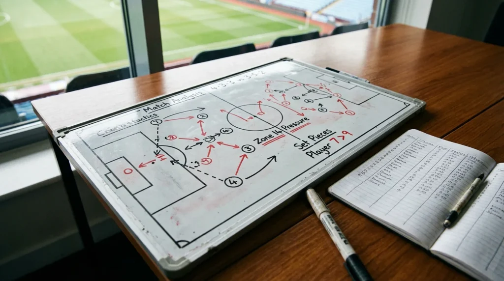 VB 2026 fogadási stratégiák adatalapú módszerekkel futballpályán taktikai tábla mellett
