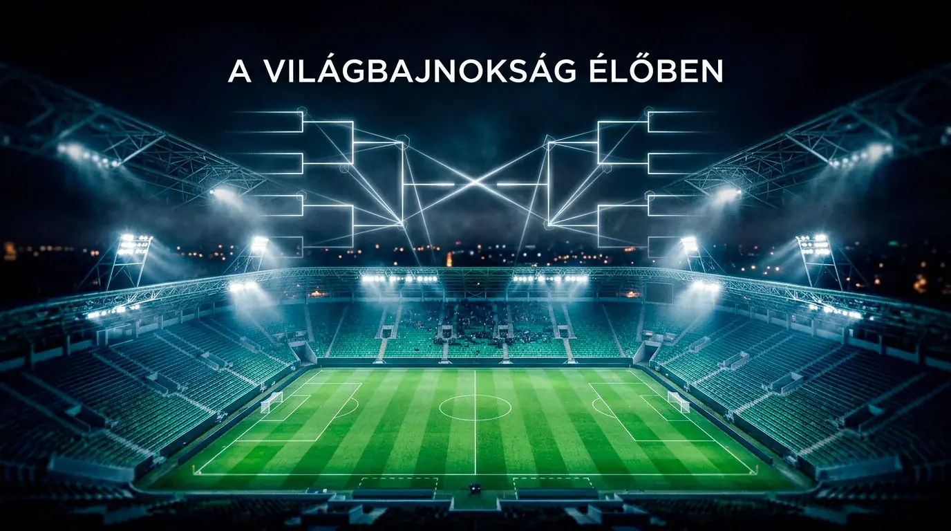 Éjszakai fényben úszó stadion, a kieséses szakasz ágrajzának absztrakt vizuális megjelenítése
