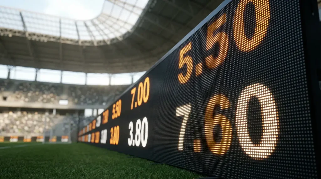 VB 2026 odds összehasonlítás fogadóirodánként szorzótáblázatokkal egy futballstadion háttér előtt