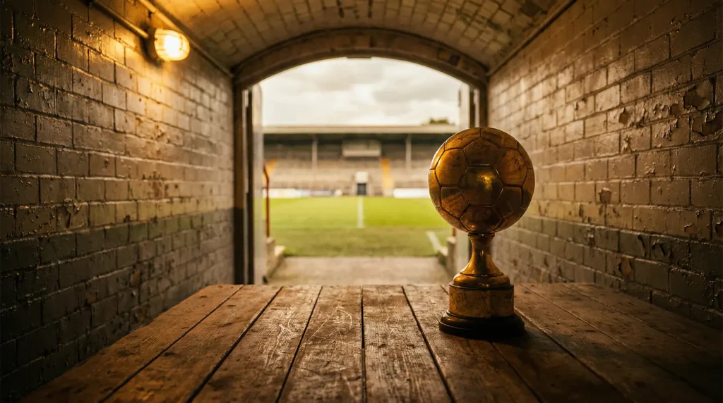 A labdarúgó-világbajnokság története 1930-tól 2026-ig futballtrófeával és archív stadionképpel